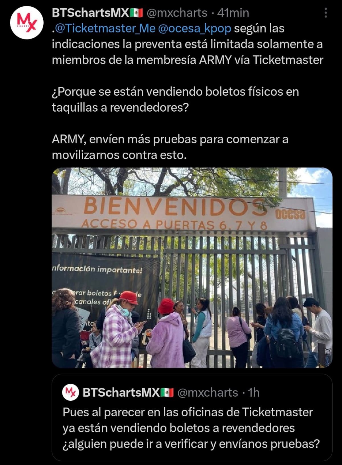 ARMYS denuncian irregularidades en la preventa exclusiva en línea | Cuenta de X: @mxcharts
