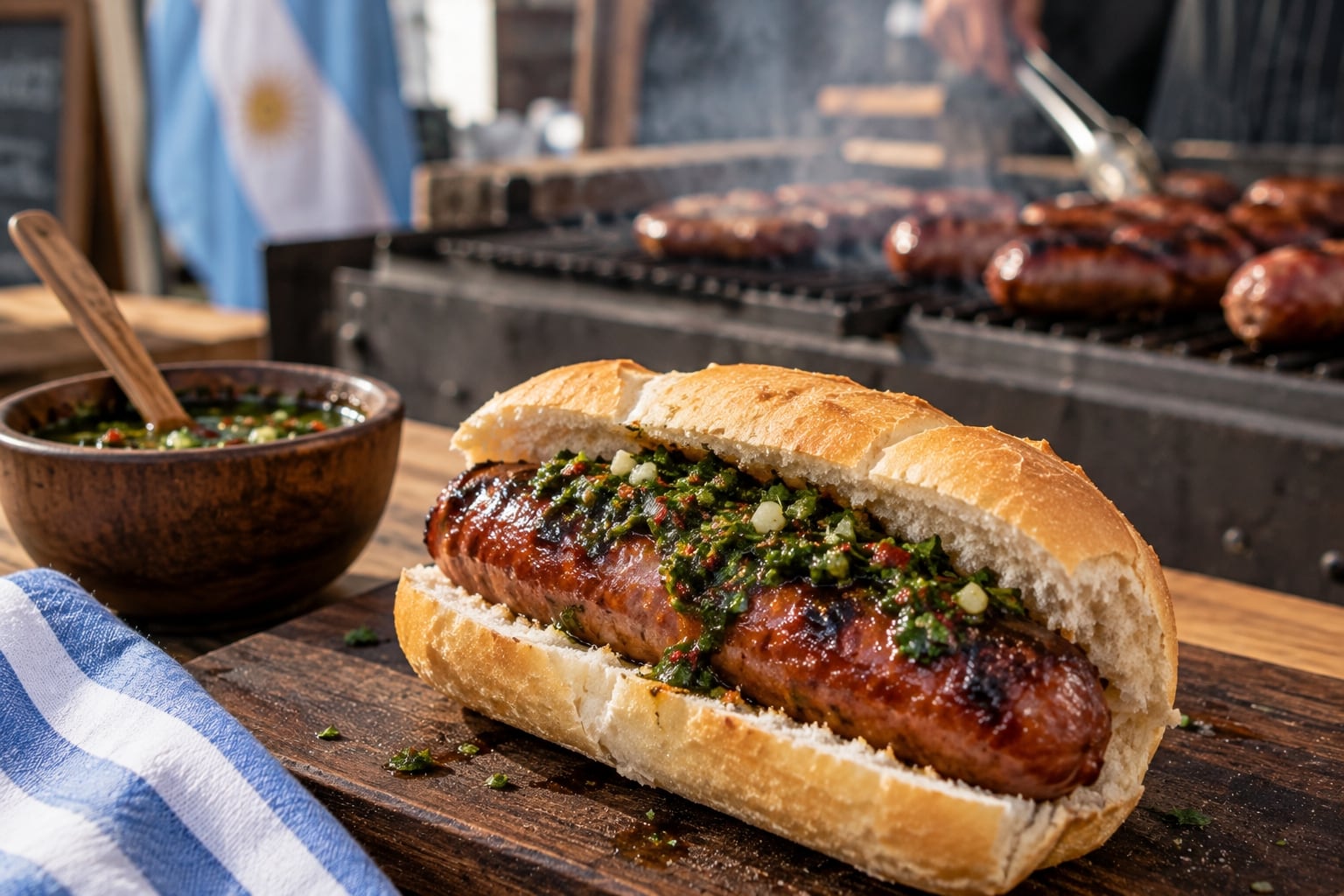 El choripán es una de las preparaciones más populares del asado argentino y suele servirse con chimichurri antes de los cortes principales. | Crédito: Imagen hecha por IA de ChatGPT
