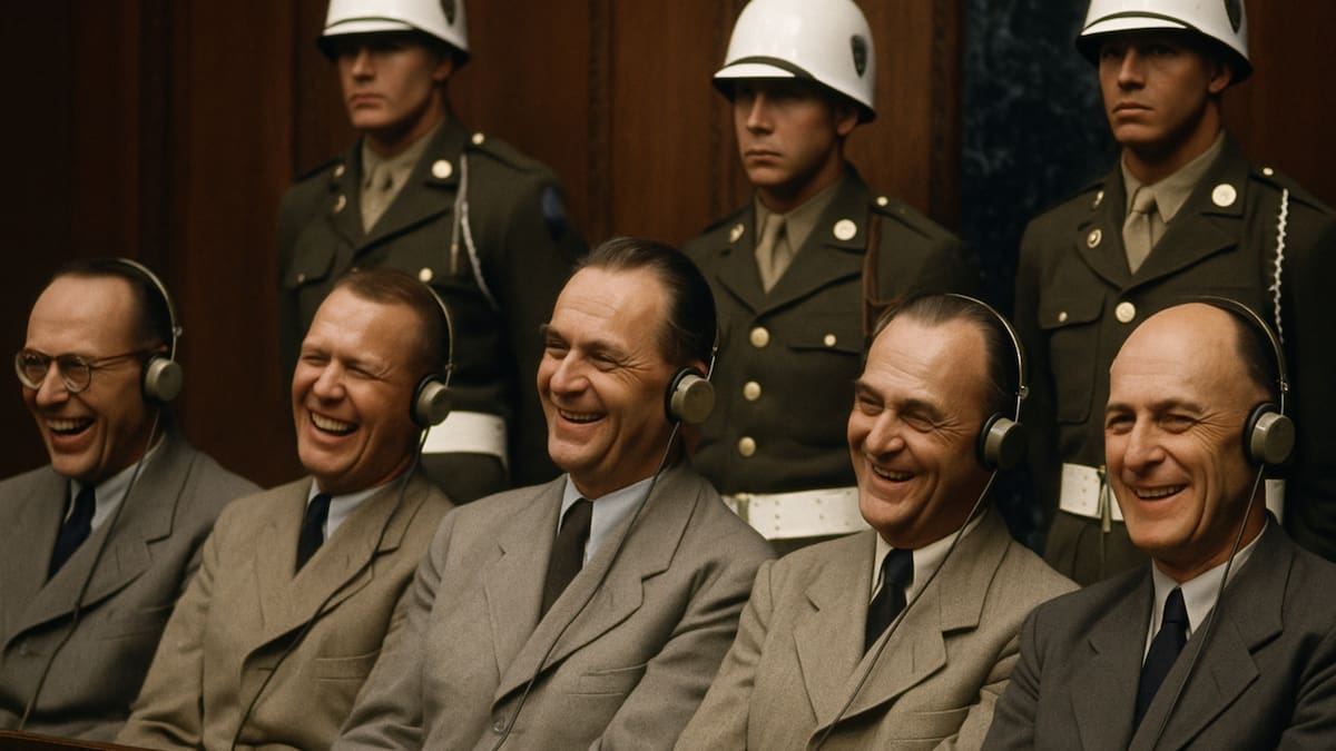 Los gestos y risas de los acusados revelan la mezcla de desafío, negación y estrategias psicológicas documentadas durante el histórico tribunal. (Imagen hecha con IA)