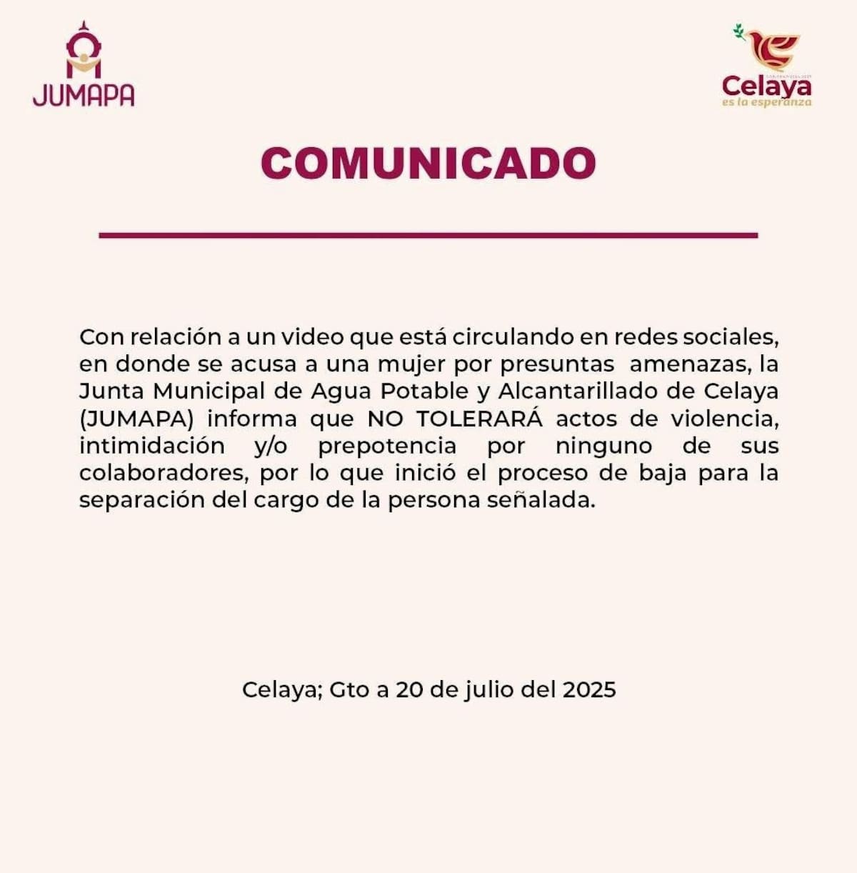 Jumapa de Celaya abre proceso administrativo por presunta amenaza de funcionaria. Foto: Especial