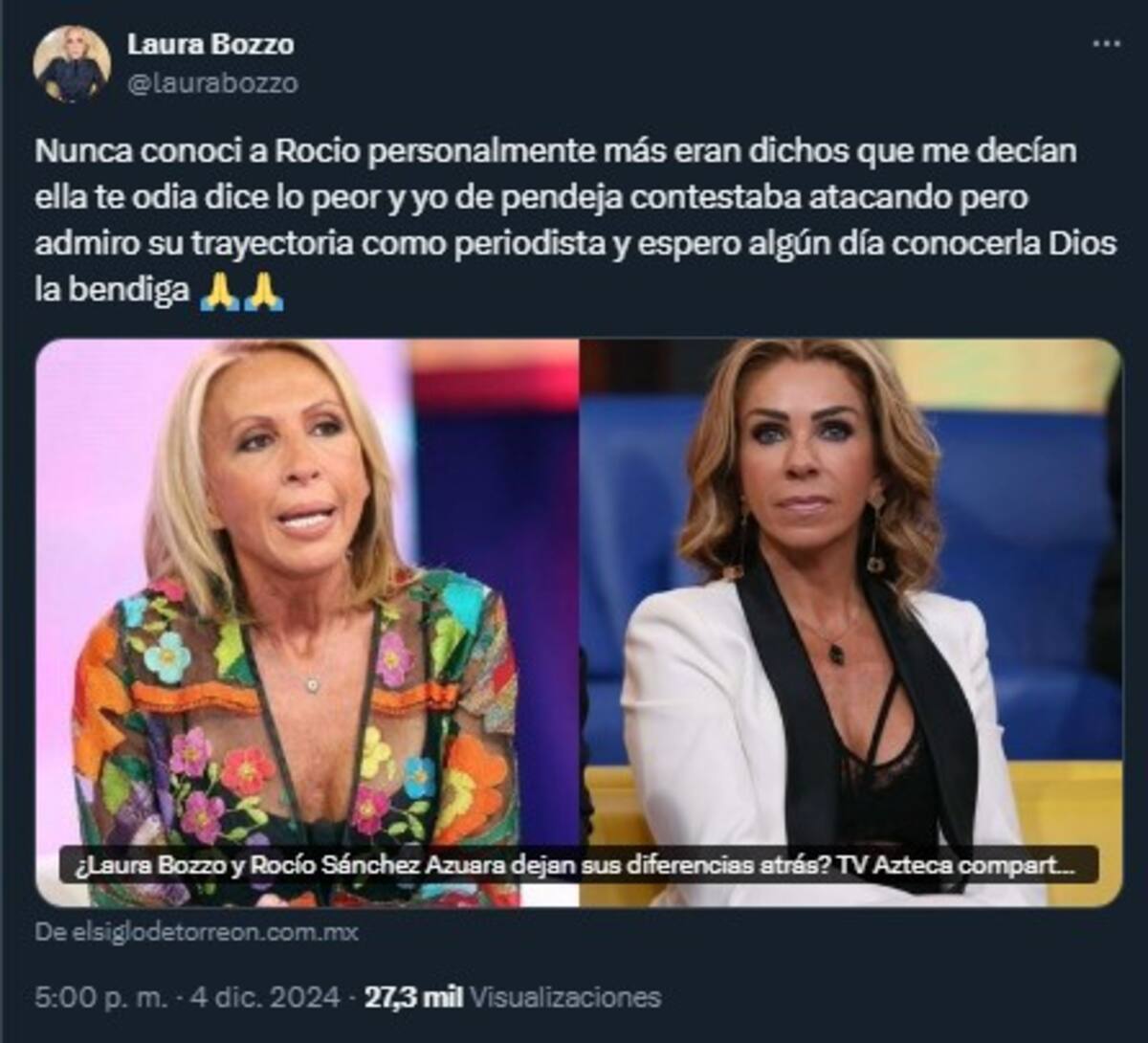 Laura Bozzo admira a Rocío Sánchez Azuara / Cuenta de X: @laurabozzo