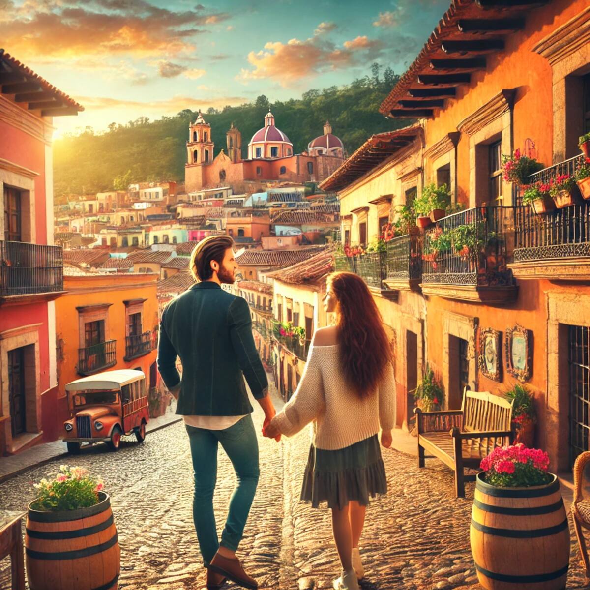 Imagen ilustrativa de una pareja en un pueblo mágico hecha con IA (Chatgpt).