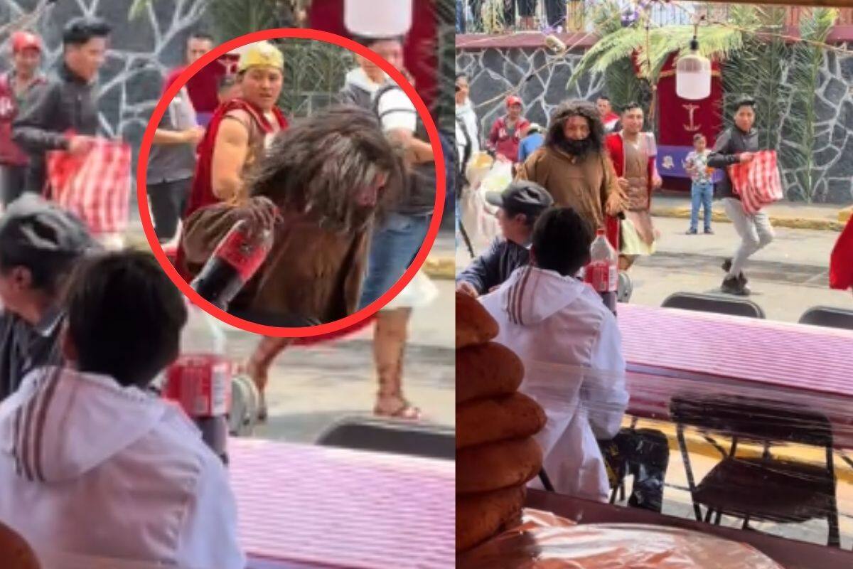 Hombre que interpretaba a Barrabás en desfile de Semana Santa se “roba” un refresco del público
