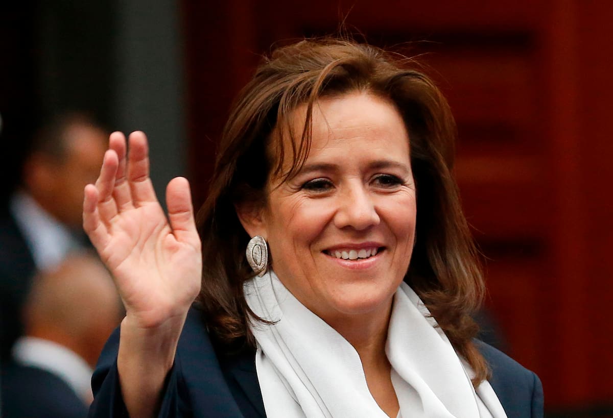 FILE - In this April 22, 2018 file photo, former first lady and independent presidential candidate Margarita Zavala waves to the press before the first of three debates among Mexico’s presidential candidates in Mexico City. Zavala said on Wednesday, May 16 that she is dropping out of the country’s July 1 presidential race. (AP Photo/Marco Ugarte, File)