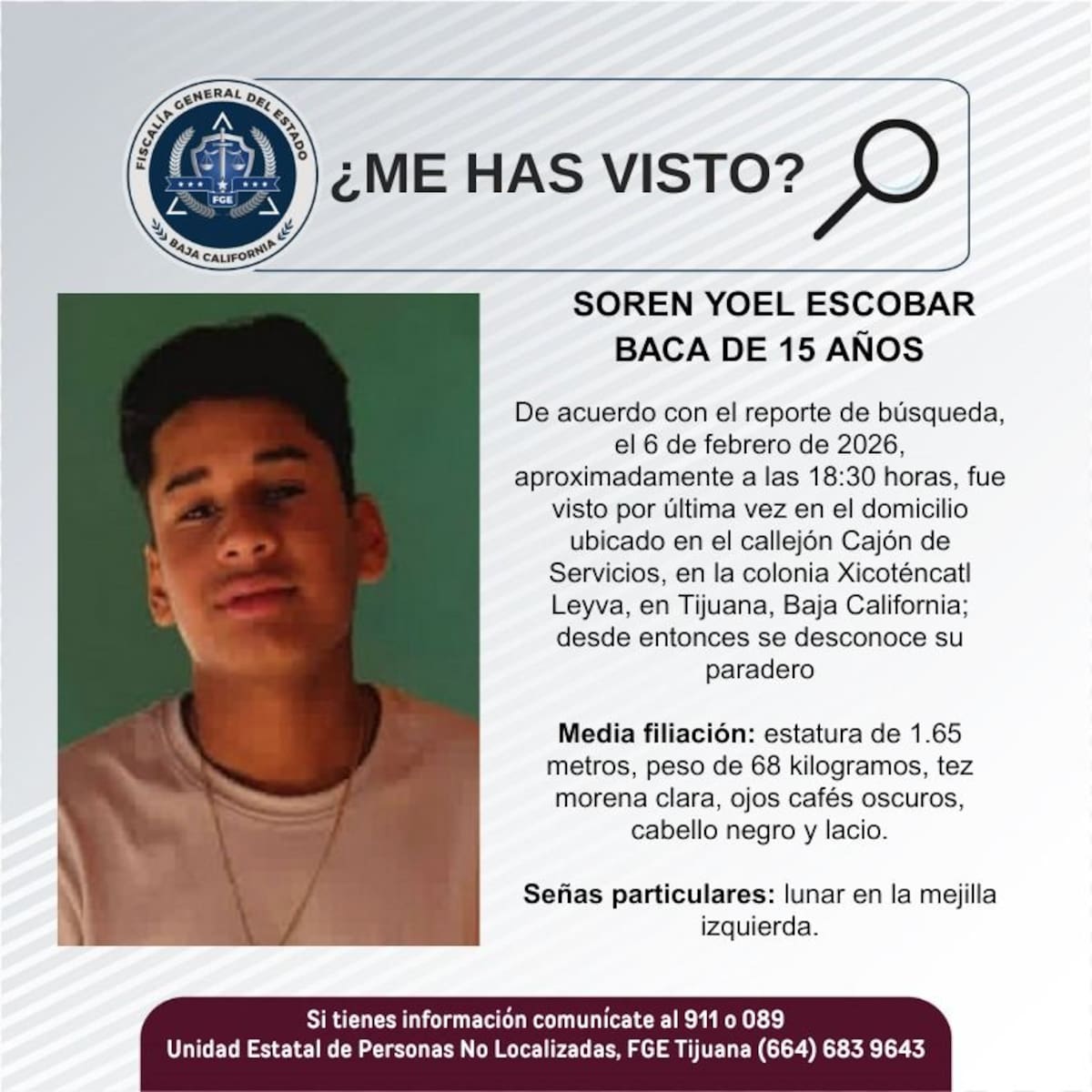 Fue visto por última vez el 6 de febrero de 2026.