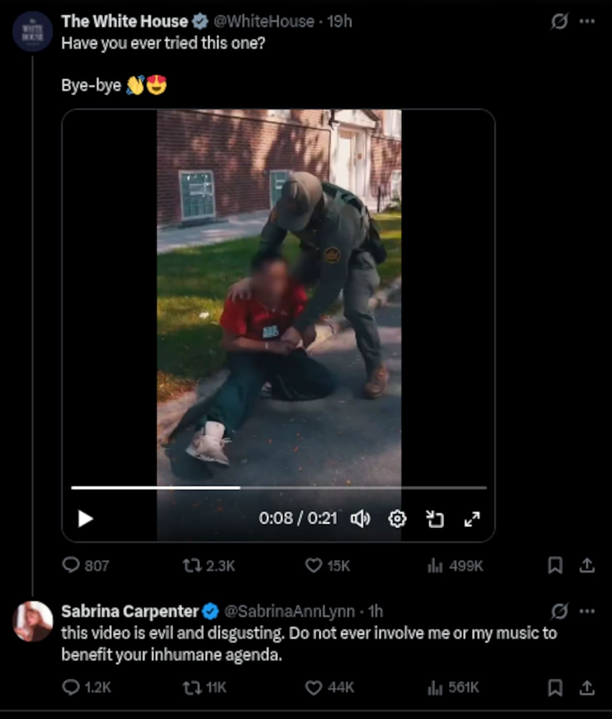 Sabrina Carpenter reacciona a video de rededadas de ICE con su canción "Juno" | Cuenta de X: @WhiteHouse