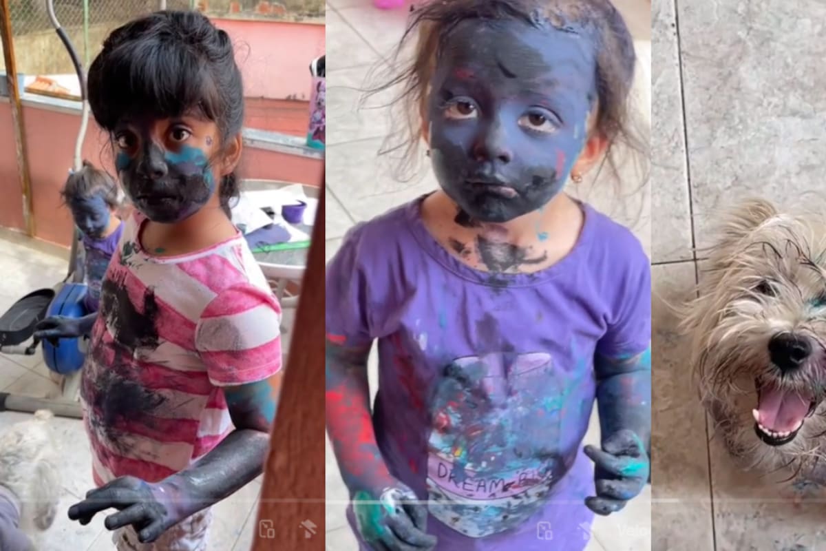 TikTok: papá se sorprende al encontrar a sus hijas y su perra cubiertas de pintura