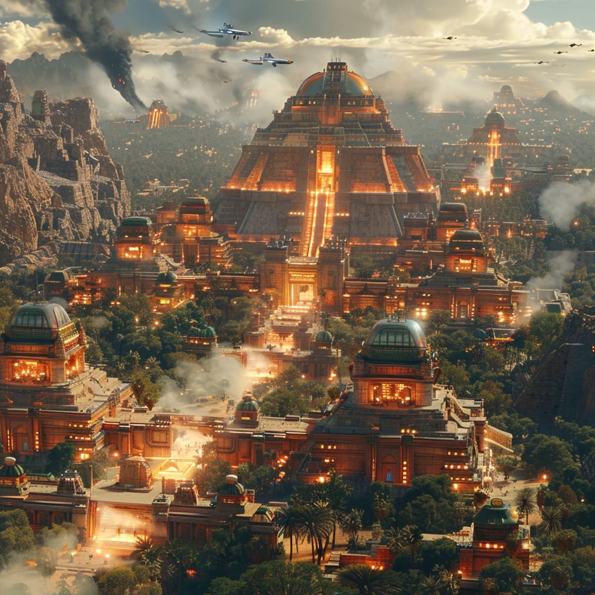 Arquitectura atemporal: Las edificaciones reflejan la maestría constructiva azteca, fusionando el pasado con la estética futurista.