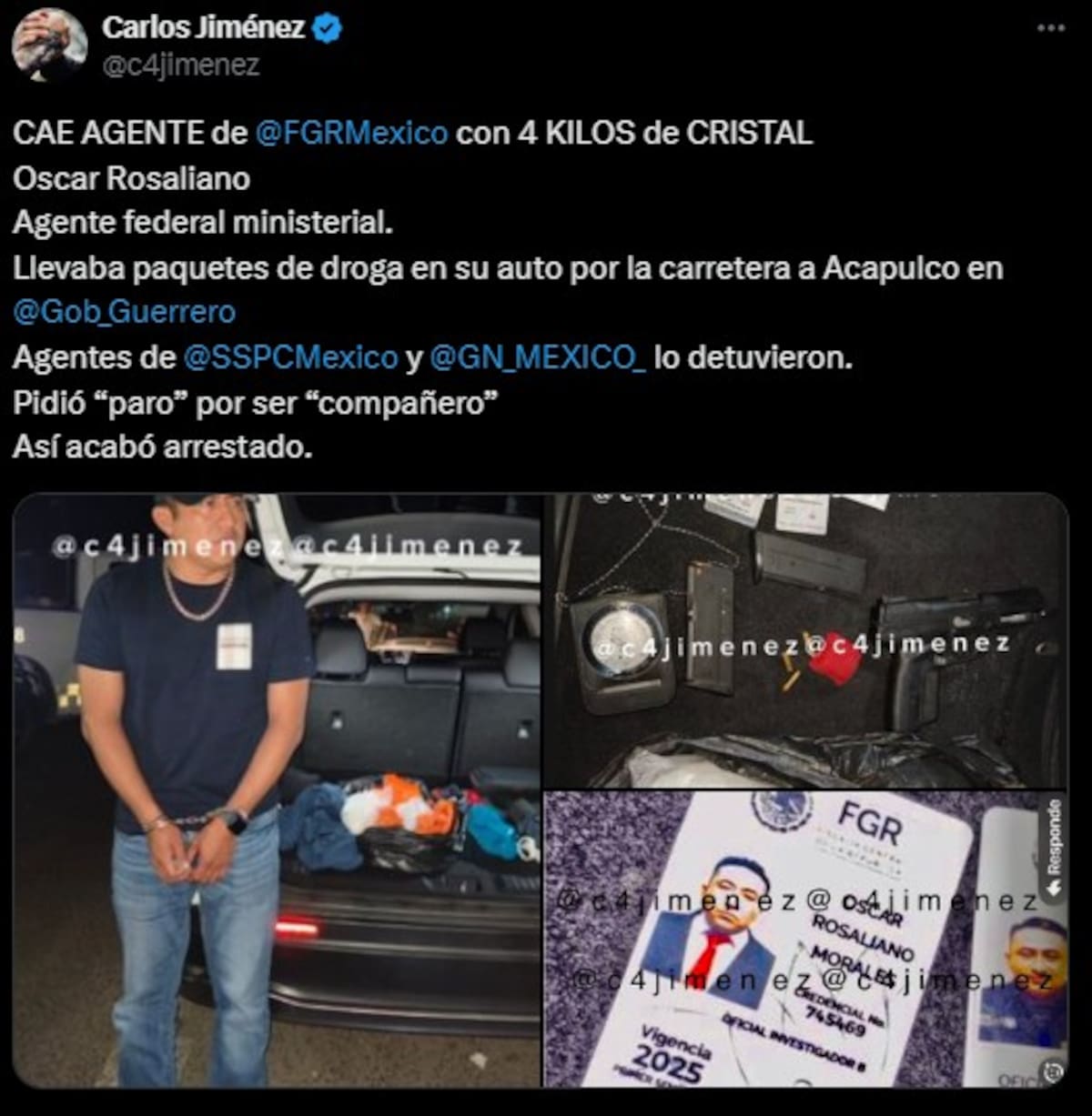 Agente de la FGR atrapado con cargamento de metanfetamina.