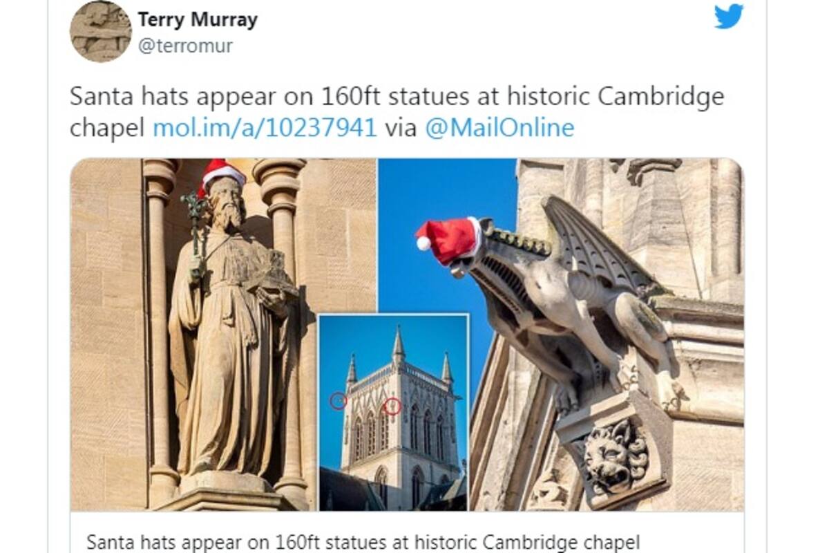 Desconocido 'adorna' estatuas de capilla de la Universidad de Cambridge con gorros de Santa