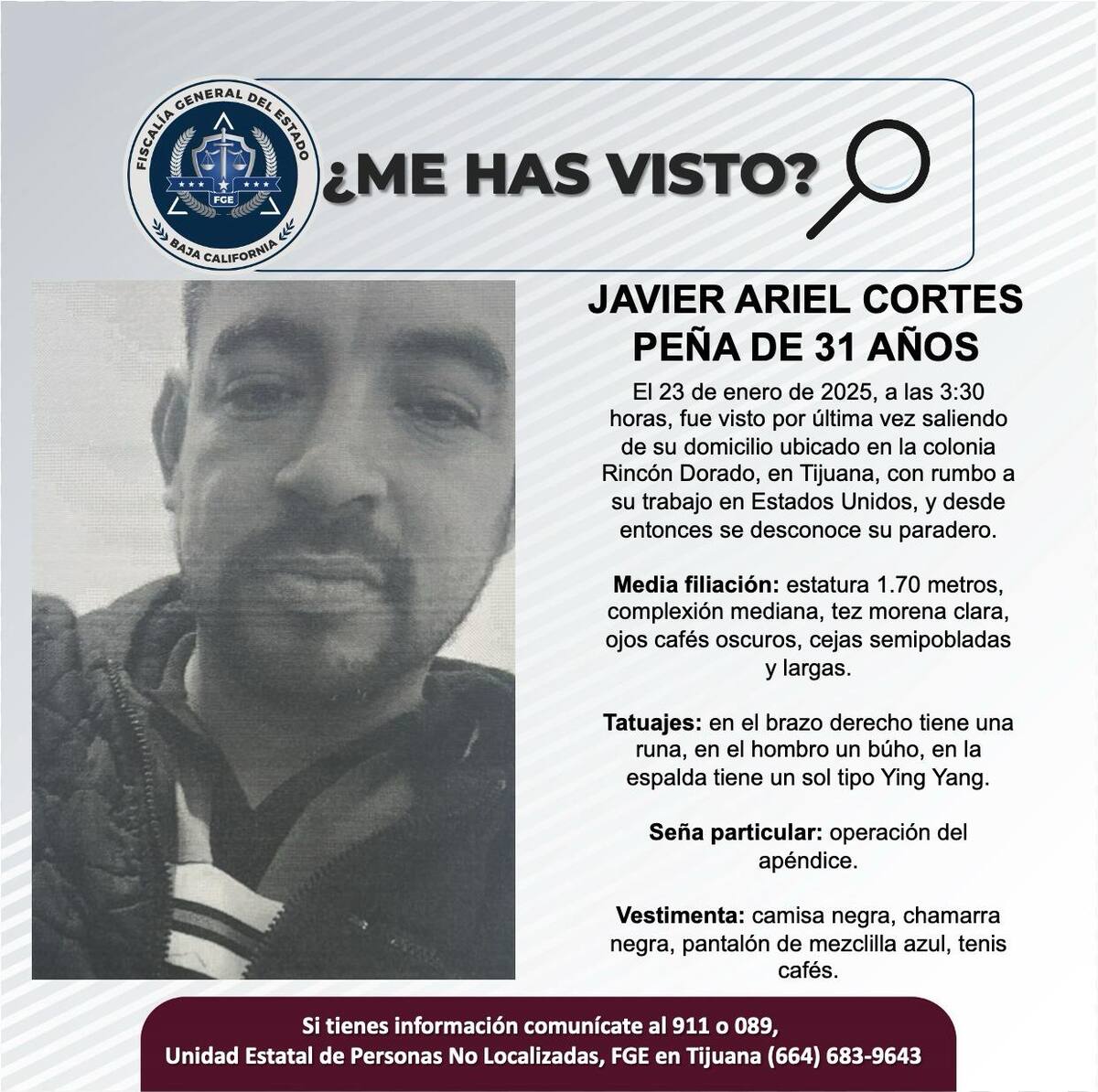 Javier Ariel Cortes Peña fue visto por última vez el 23 de enero de 2025.