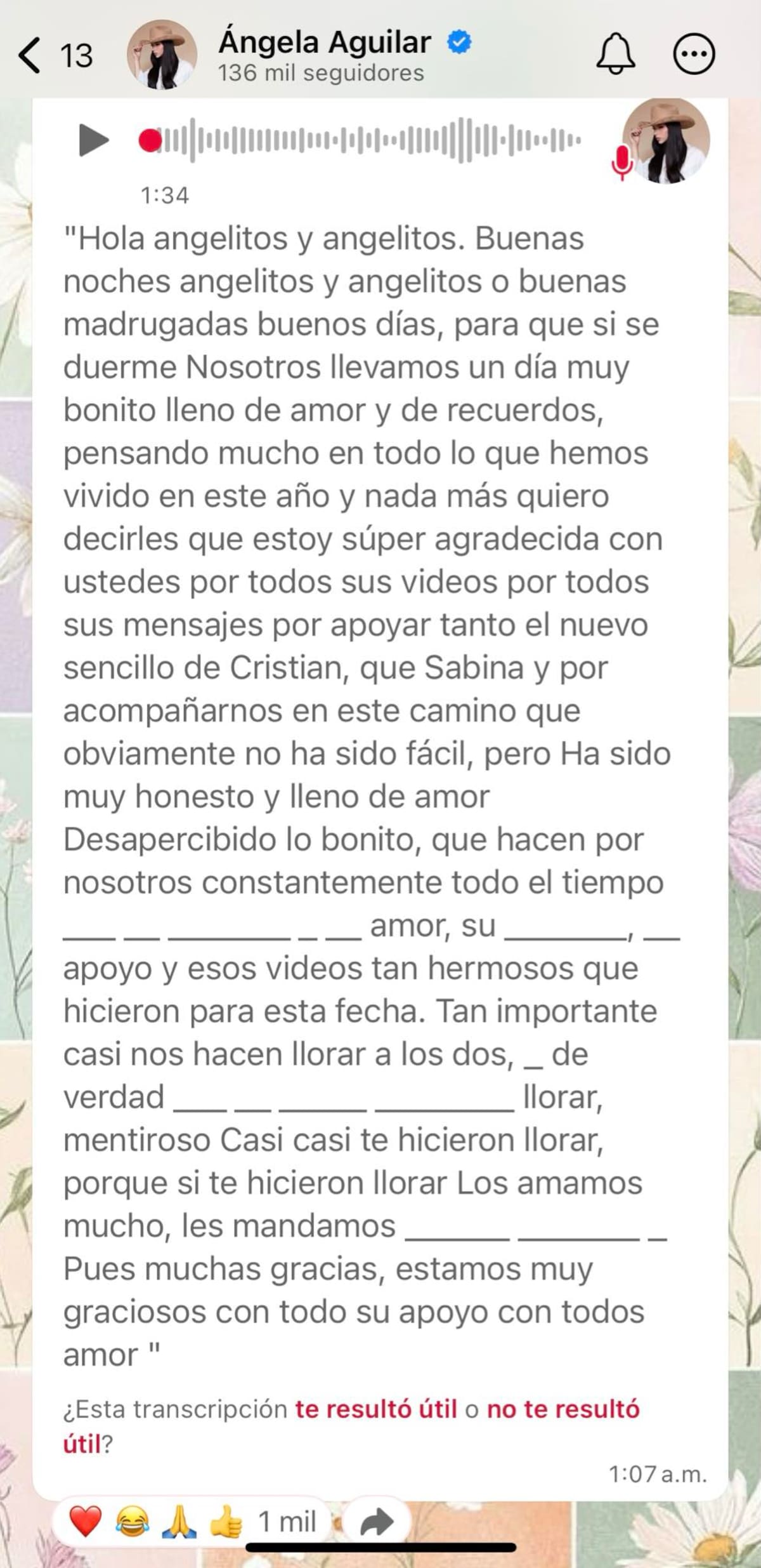 Ángela agradece a su público el apoyo | Captura de video