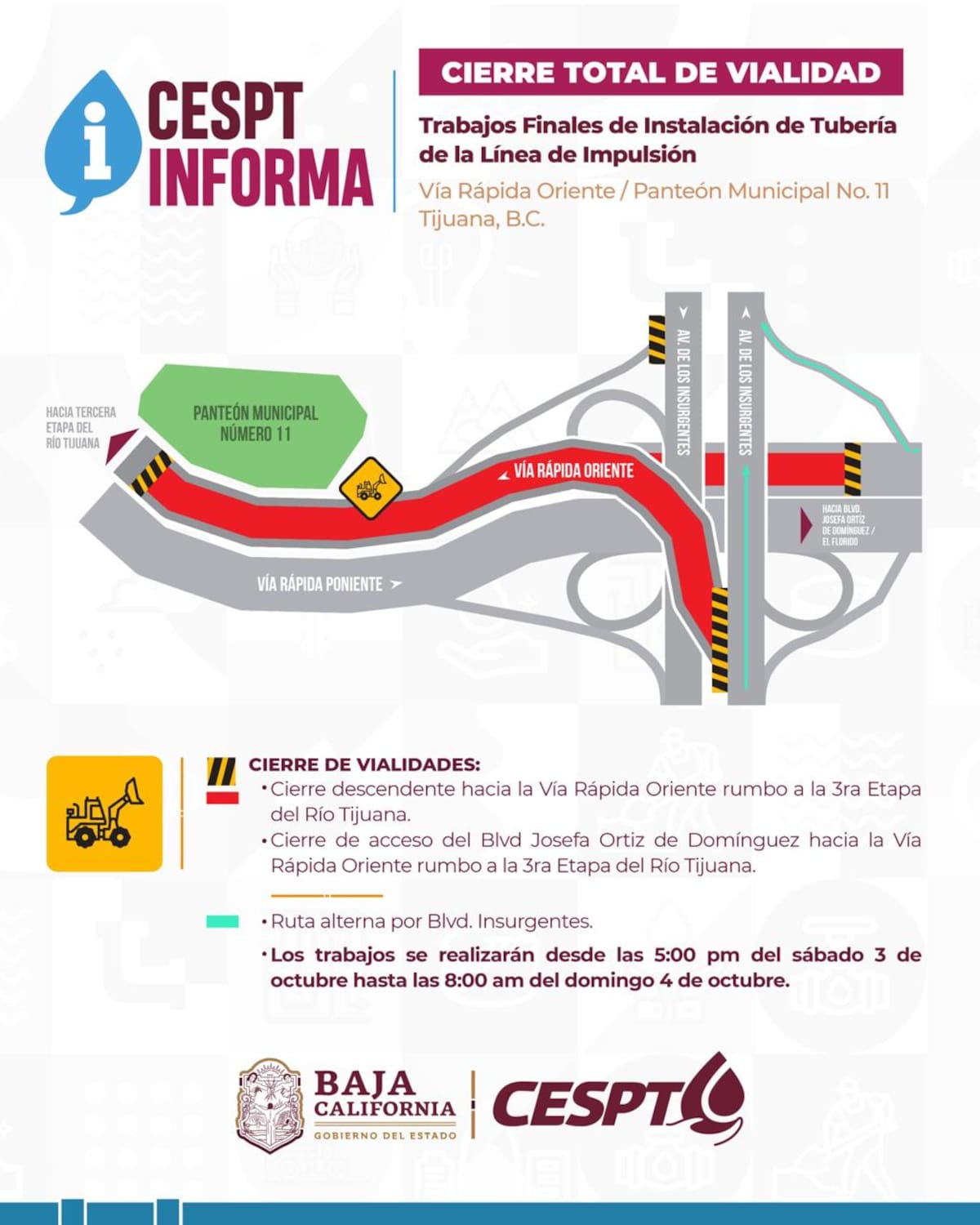 El cierre se mantendrá hasta las 08:00 horas del domingo 4 de octubre para realizar trabajos de construcción. Foto: Cortesía