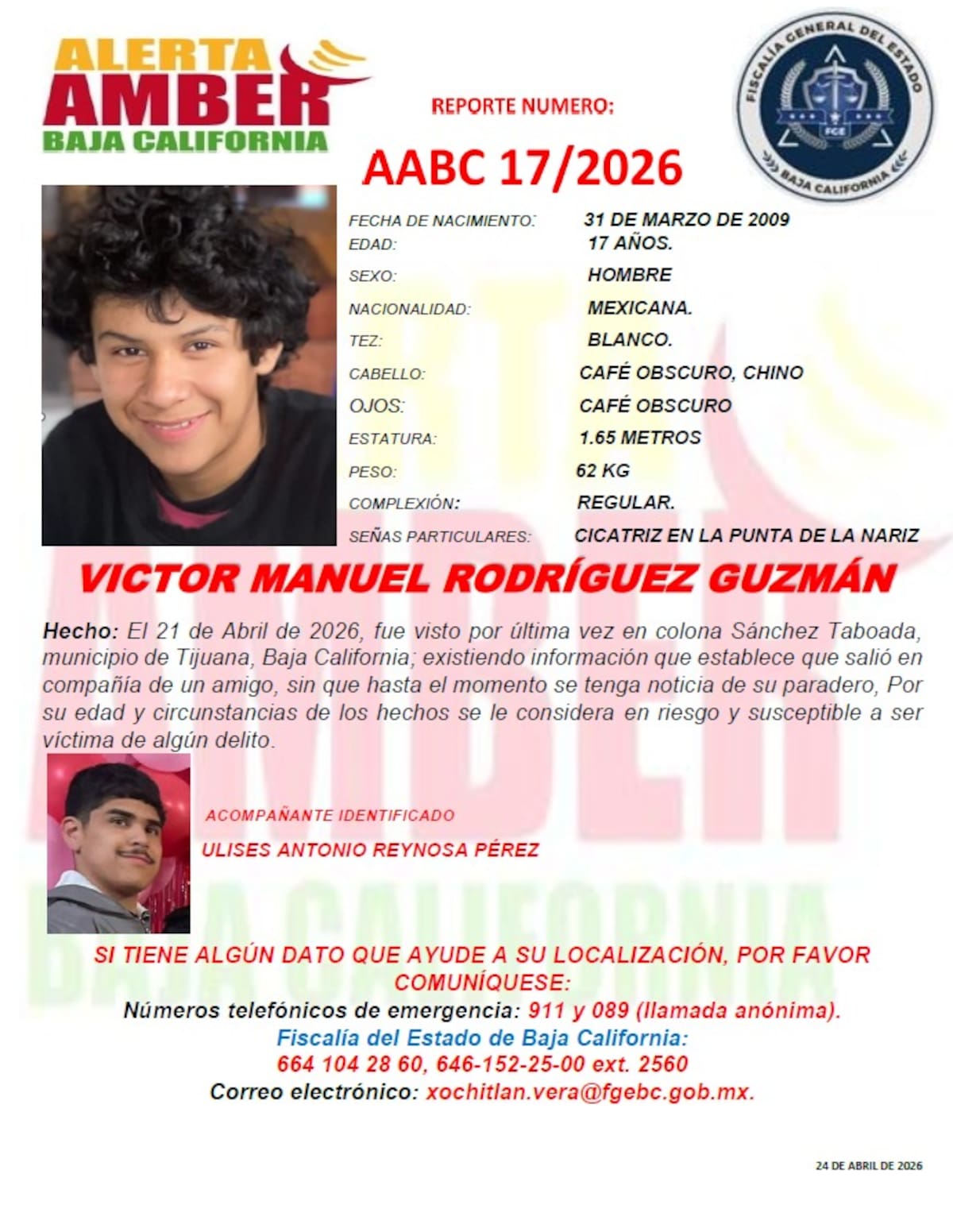 Fue visto por última vez el 21 de abril de 2026.