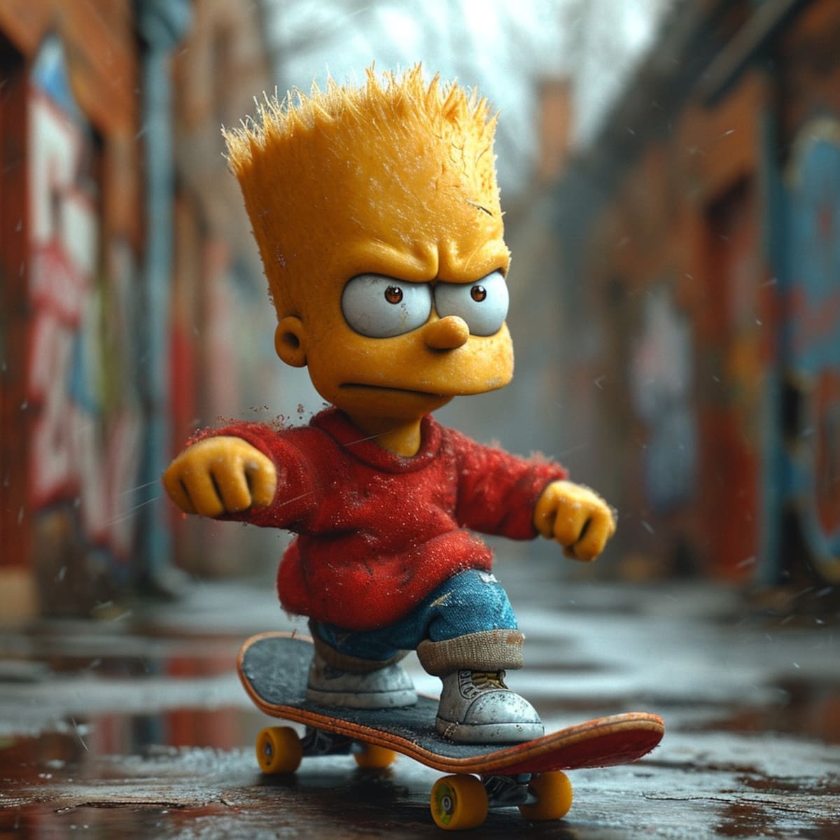Aventura en la patineta: La inteligencia artificial captura a Bart Simpson deslizándose audazmente en su patineta, destacando la autenticidad de su actitud rebelde y juguetona.