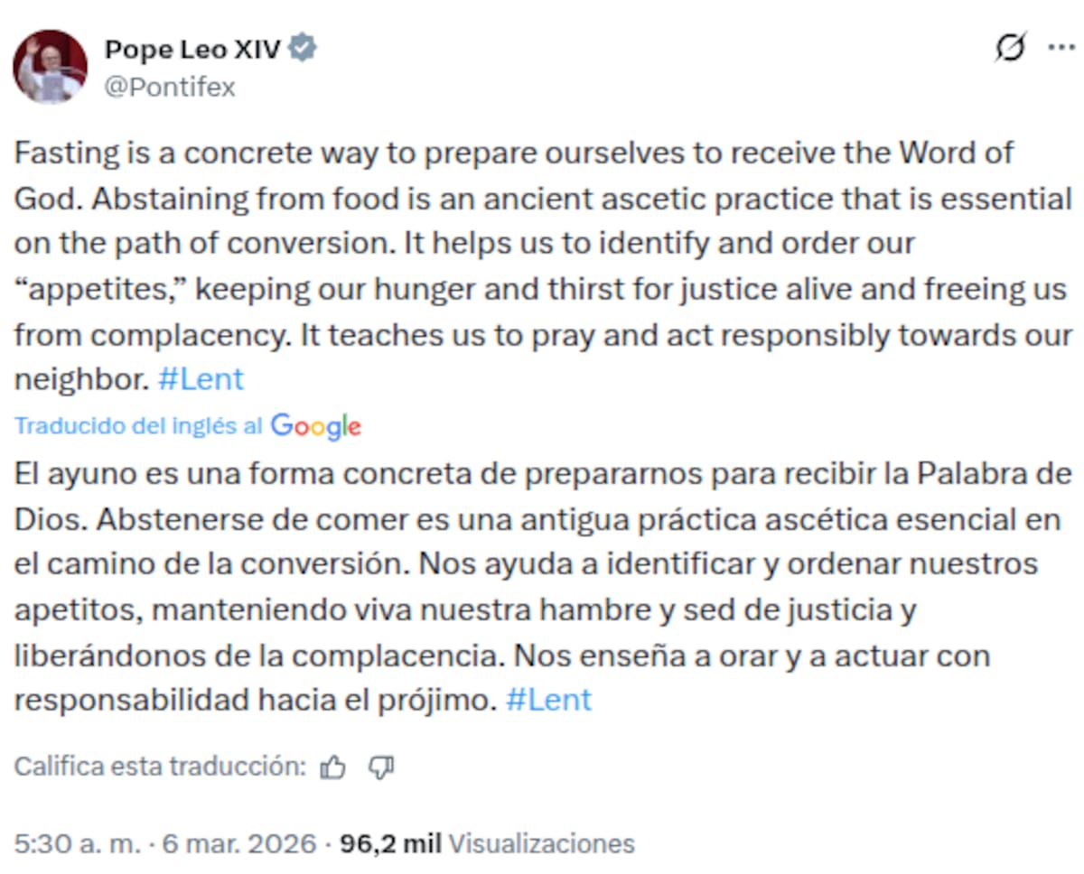 Papa León XIV reflexiona sobre el ayuno en época cuaresmal. | Captura de pantalla