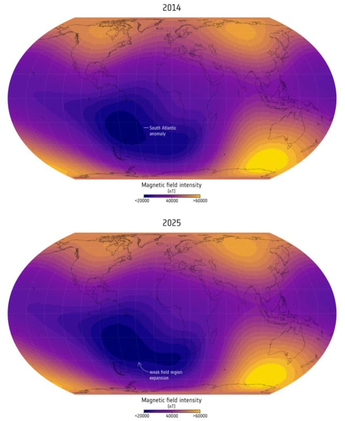 La evolución de la anomalía magnética a través de los años y como se expande debajo de África. Foto: ESA.