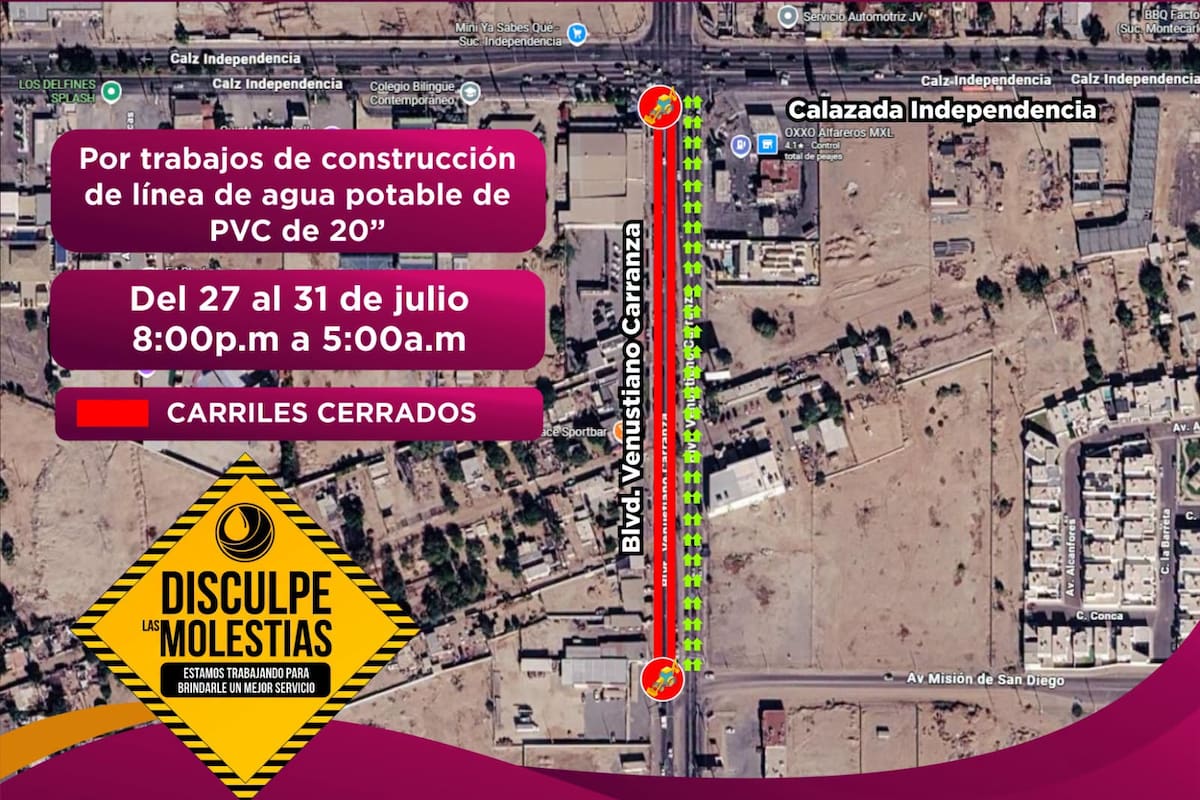 Habrá cierres nocturnos en el bulevar Venustiano Carranza por obras de agua potable
