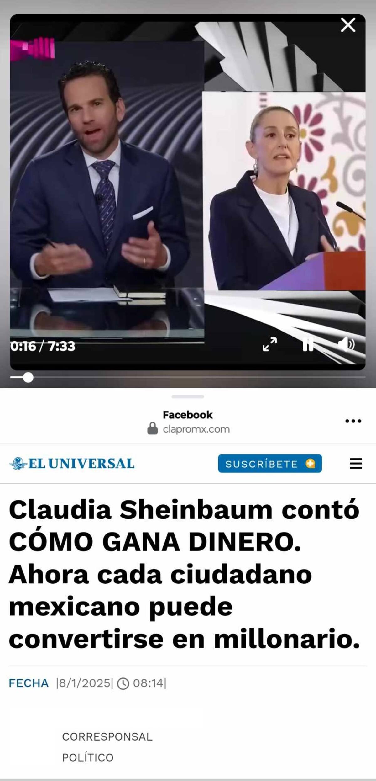 Sin permiso, usan imagen de Carlos Loret de Mola y Sheinbaum para promocionar una aplicación fraudulenta en un sitio falso de El Universal. | Captura de video