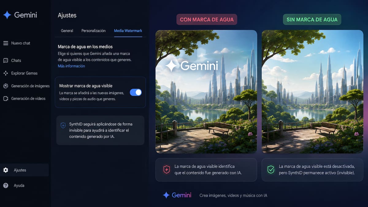 Gemini ya permite quitar su marca de agua visible en imágenes, videos y música, pero la función no es para todos los usuarios