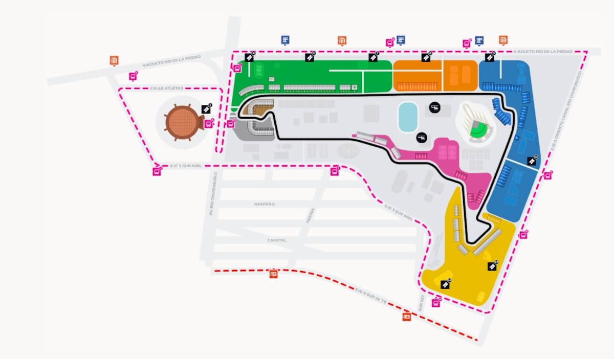 Mapa de las paradas de transporte en el GP de México.