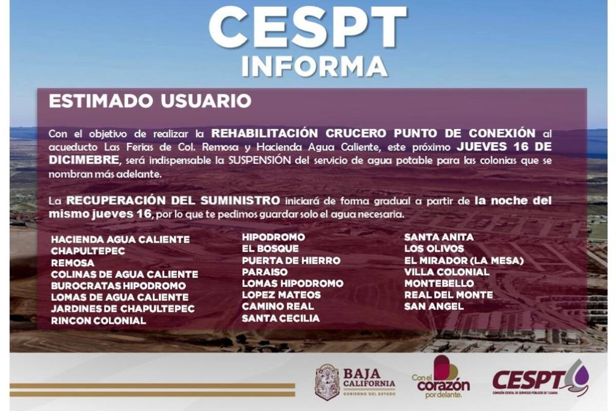 Habrá suspensión del servicio de agua para 23 colonias por trabajos de CESPT