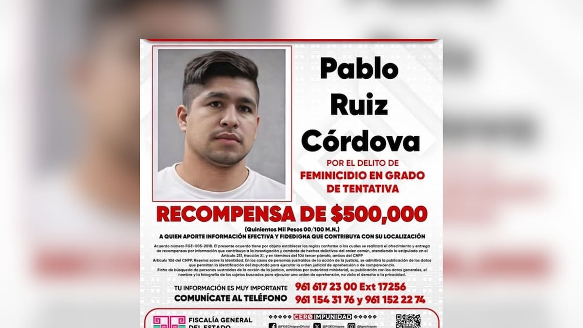 FGE Chiapas ofrece 500 mil pesos de recompensa por información que lleve al presunto agresor de una mujer en Chiapas