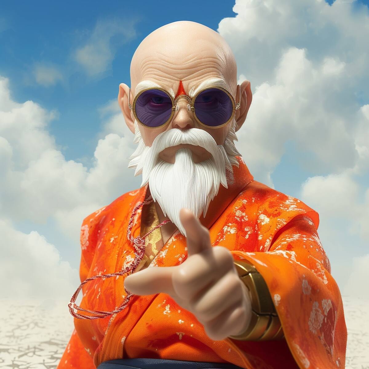 La visión de la inteligencia artificial revela a Maestro Roshi, un anciano japonés sabio y experimentado, listo para nuevas aventuras.