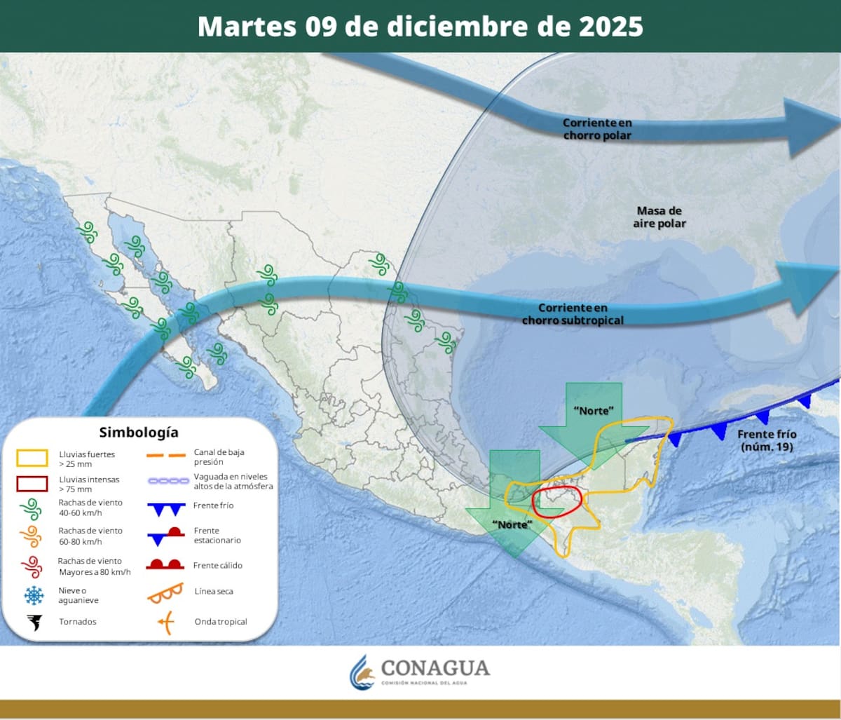 Pronóstico del clima para este martes 9 de diciembre del 2025. | Crédito: SMN
