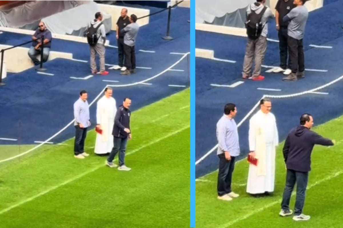 VIDEO | Captan a padre ‘bendiciendo’ la cancha del Estadio BBVA previo a la final Monterrey vs América