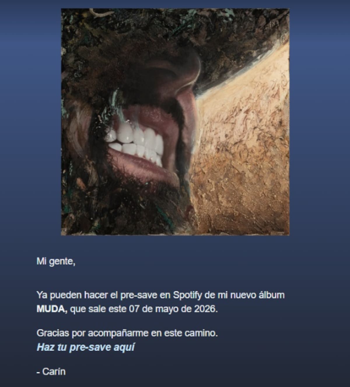 Carín León anunció el pre-save de Muda, su nuevo álbum que se estrenará el 7 de mayo de 2026 y marcará una nueva etapa en su carrera.