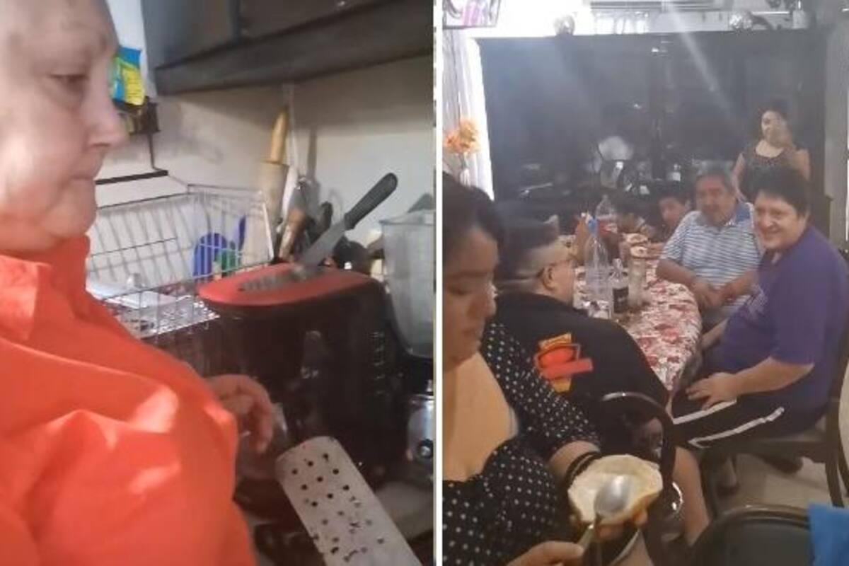 Ellos esperan sentados y mamá hace su propia comida de Día de las Madres