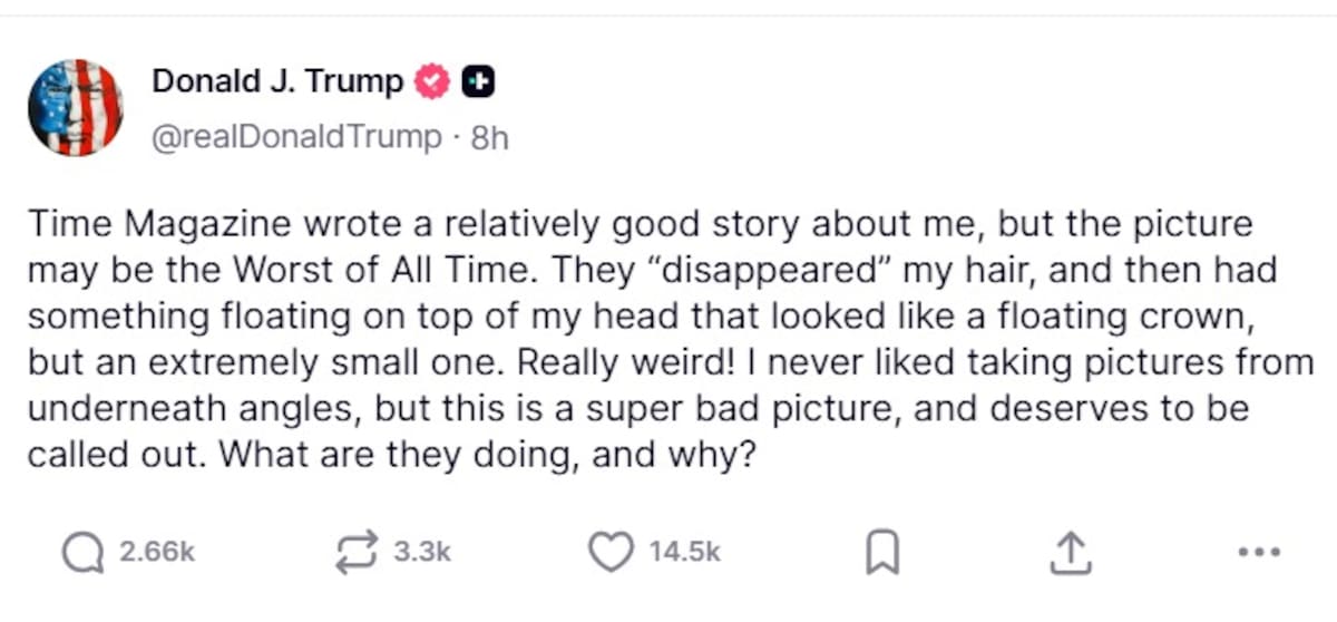 Trump se queja de su foto en su red social Truth Social.