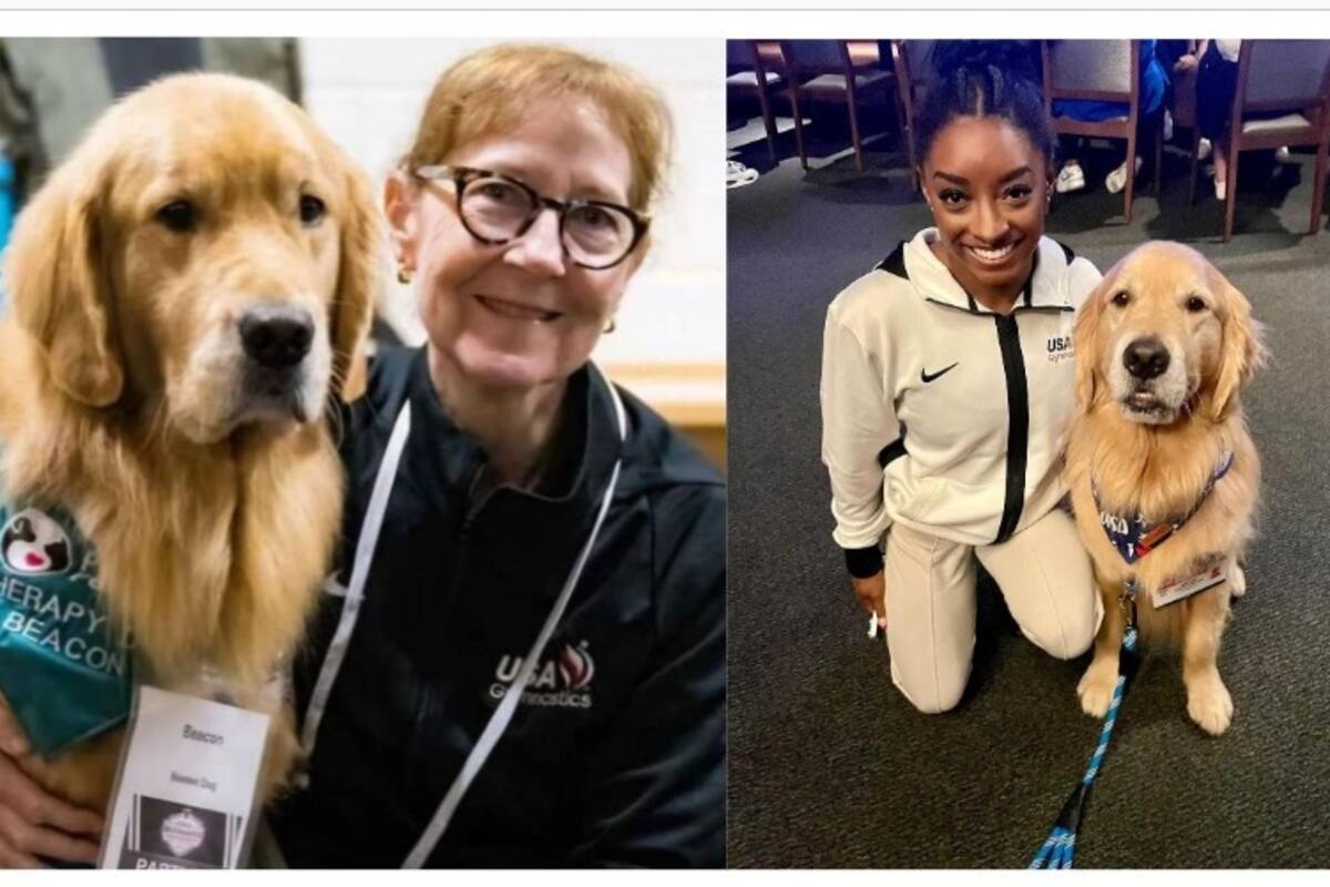Beacon, el primer perrito de apoyo emocional del equipo de Gimnasia Olímpica de Estados Unidos