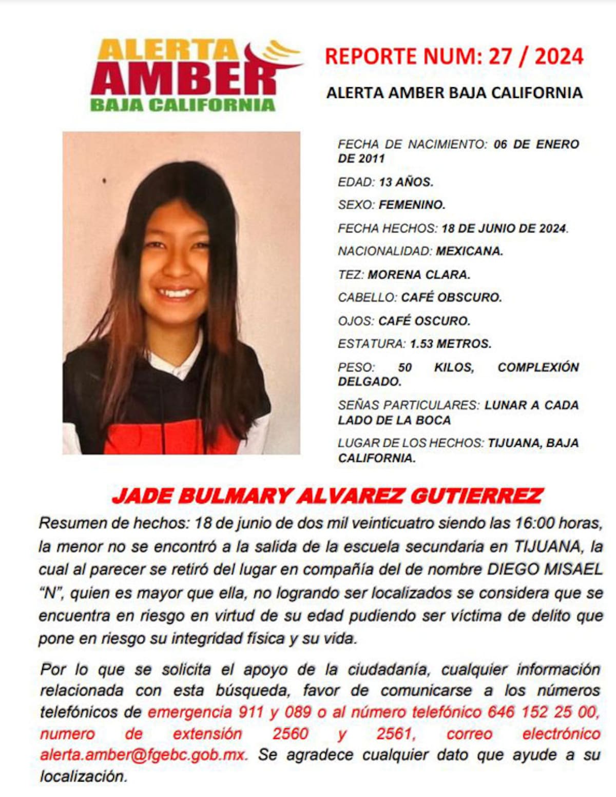 Alerta Amber de la menor Jade Bulmary Álvarez Gutiérrez.