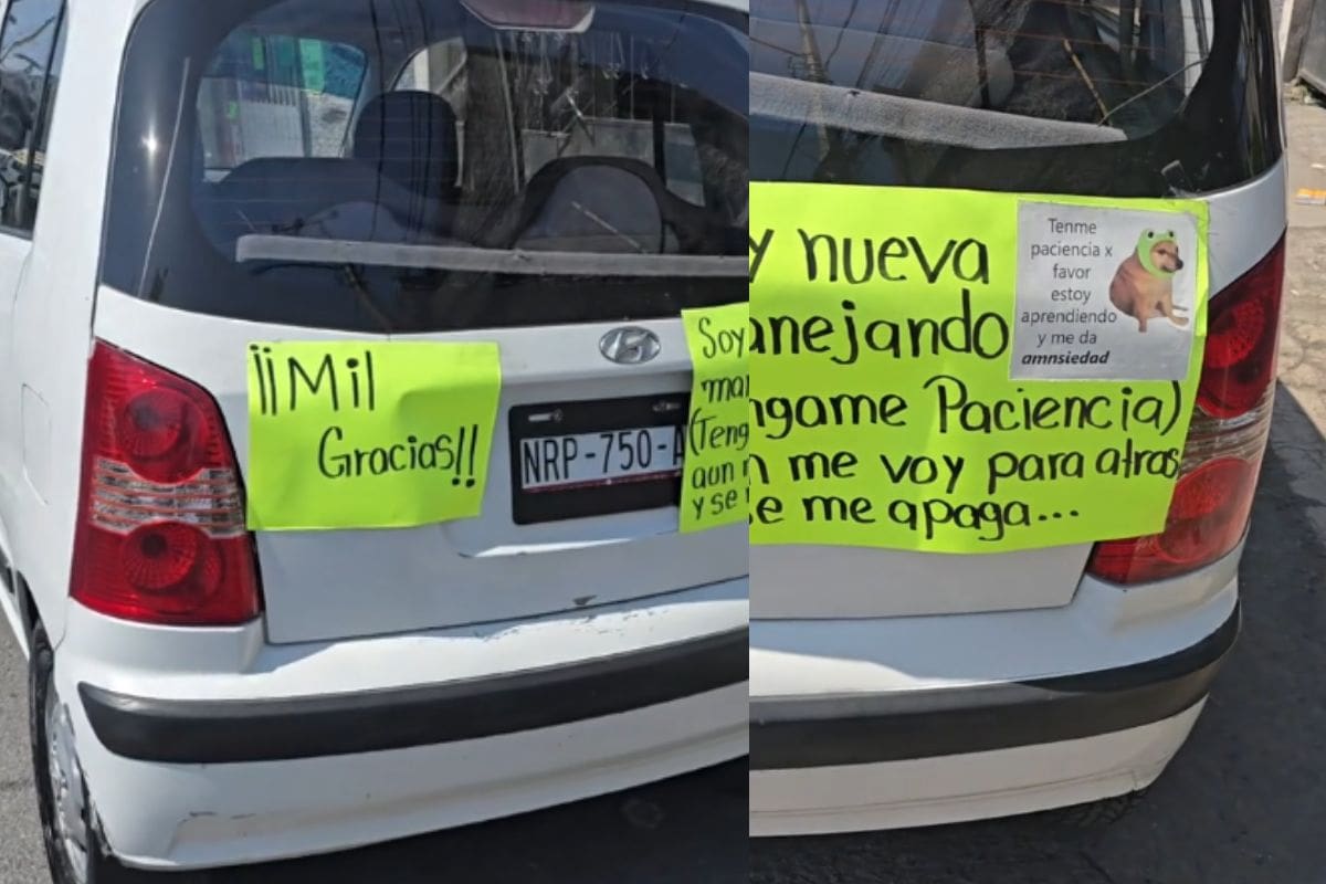 “Soy nueva manejando”: Con un divertido cartel, una mujer pide paciencia a otros conductores mientras aprende a conducir