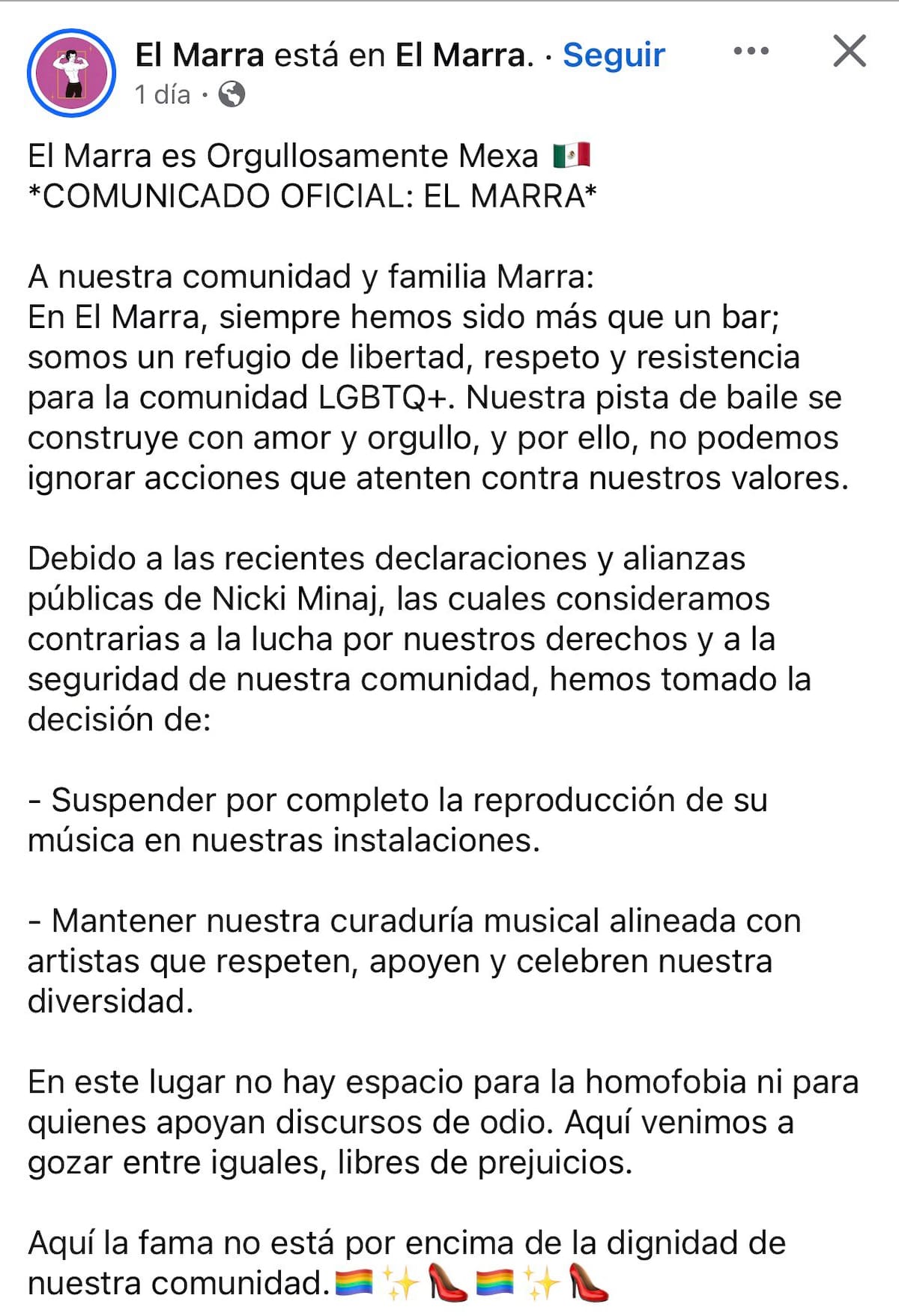 El antro El Marra, en el Centro Histórico de la CDMX, anunció que dejará de reproducir música de Nicki Minaj por considerar que sus posturas contradicen los valores de la comunidad LGBT+.