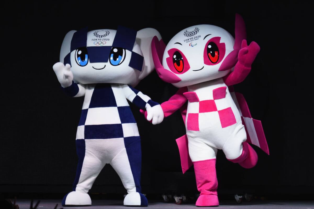 TOKYO, JAPAN - JULY 24: Tokyo 2020 mascots, Miraitowa (L) and Someity (R) on stage during the Tokyo 2020 Olympic Games Two Years To Go Ceremony at Tokyo Skytree on July 24, 2018 in Tokyo, Japan. (Photo by Matt Roberts/Getty Images)