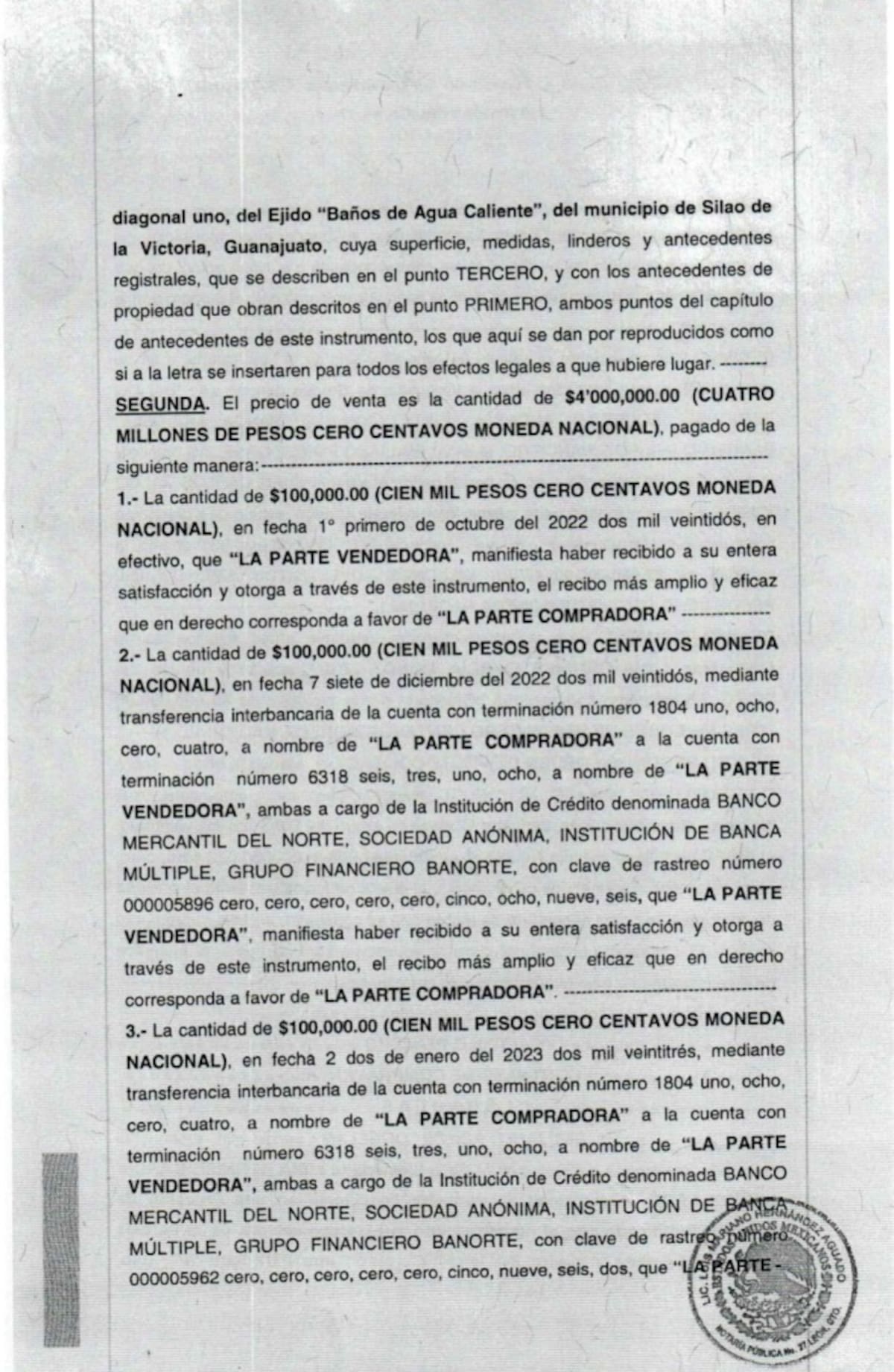 La compra-venta se realizó ante el notario Luis Mariano Hernández Aguado, notificando al comisariado del ejido, cumpliendo con el derecho de tanto previsto en la Ley Agraria. / Documentos revisados y compartidos por Mexicanos Contra la Corrupción