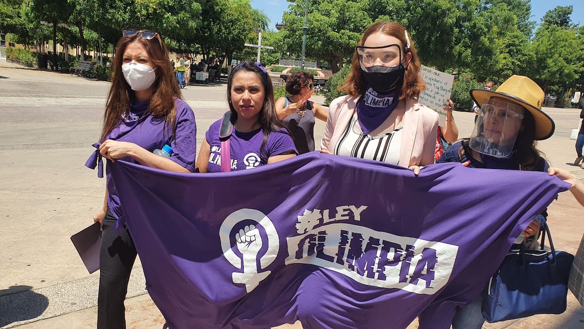 Jóvenes marchan en Sonora con una manta alusiva a la Ley Olimpia color morado. | Eleazar Escobar