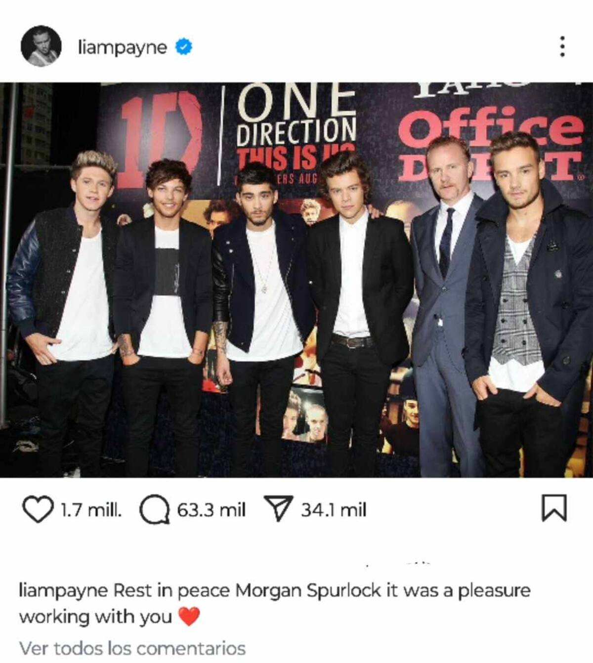 Liam Payne se despidió del documentalista Morgan Spurlock con el que trabajó en su última publicación en Instagram.