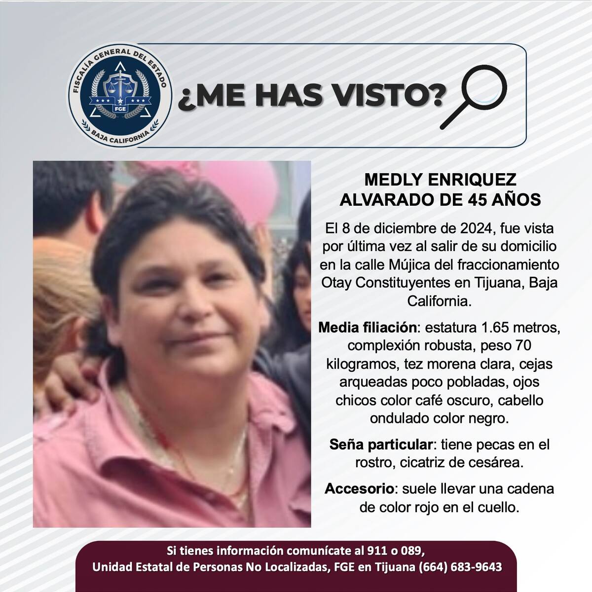 Medly Enriquez Alvarado fue vista por última vez el 8 de diciembre de 2024.