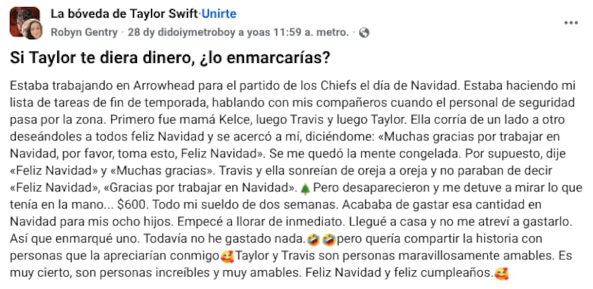 La publicación de la fan en un grupo de Facebook.