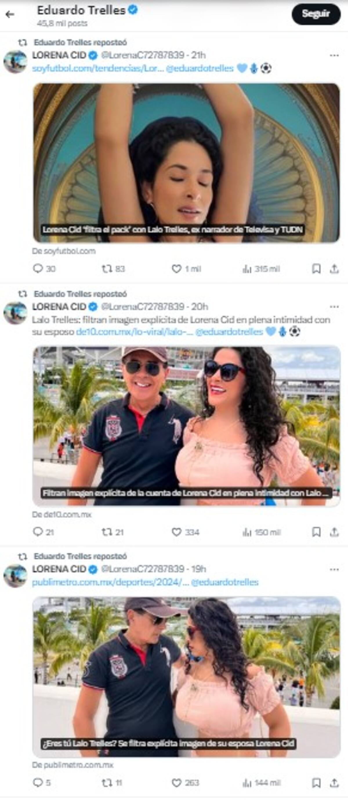 Lalo Trelles apoya a Lorena Cid retuiteando su contenido.