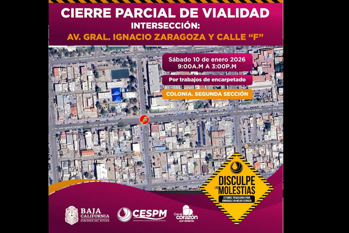 Anuncian cierre parcial de avenida Zaragoza