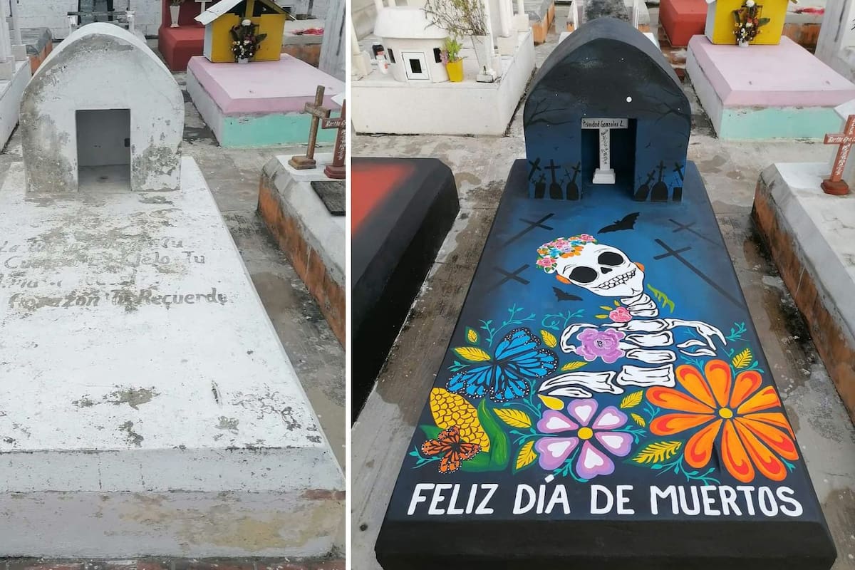 "Con muchísimo cariño y amor para ti abuelita" Nieto adorna y mejora la tumba de su abuela por el Día de Muertos