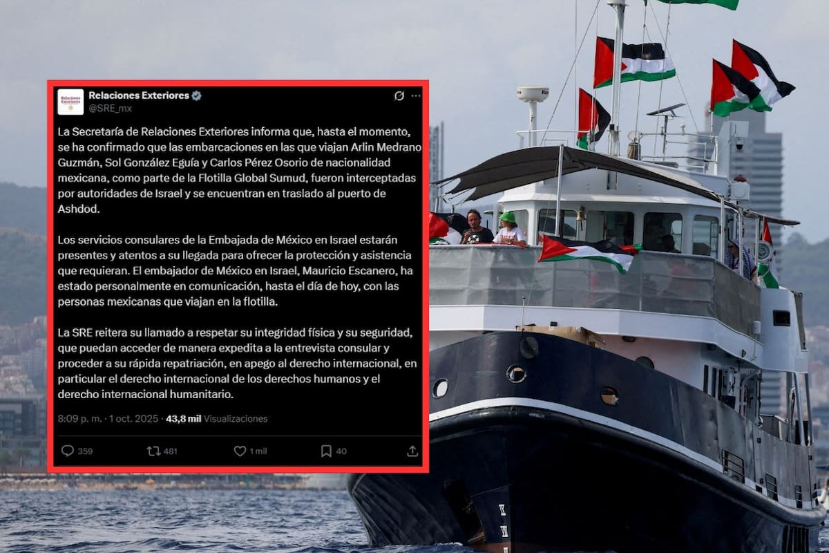 SRE confirma que Arlin Medrano, Sol González y Carlos Pérez, mexicanos en la Flotilla Global Sumud, fueron interceptados por Israel