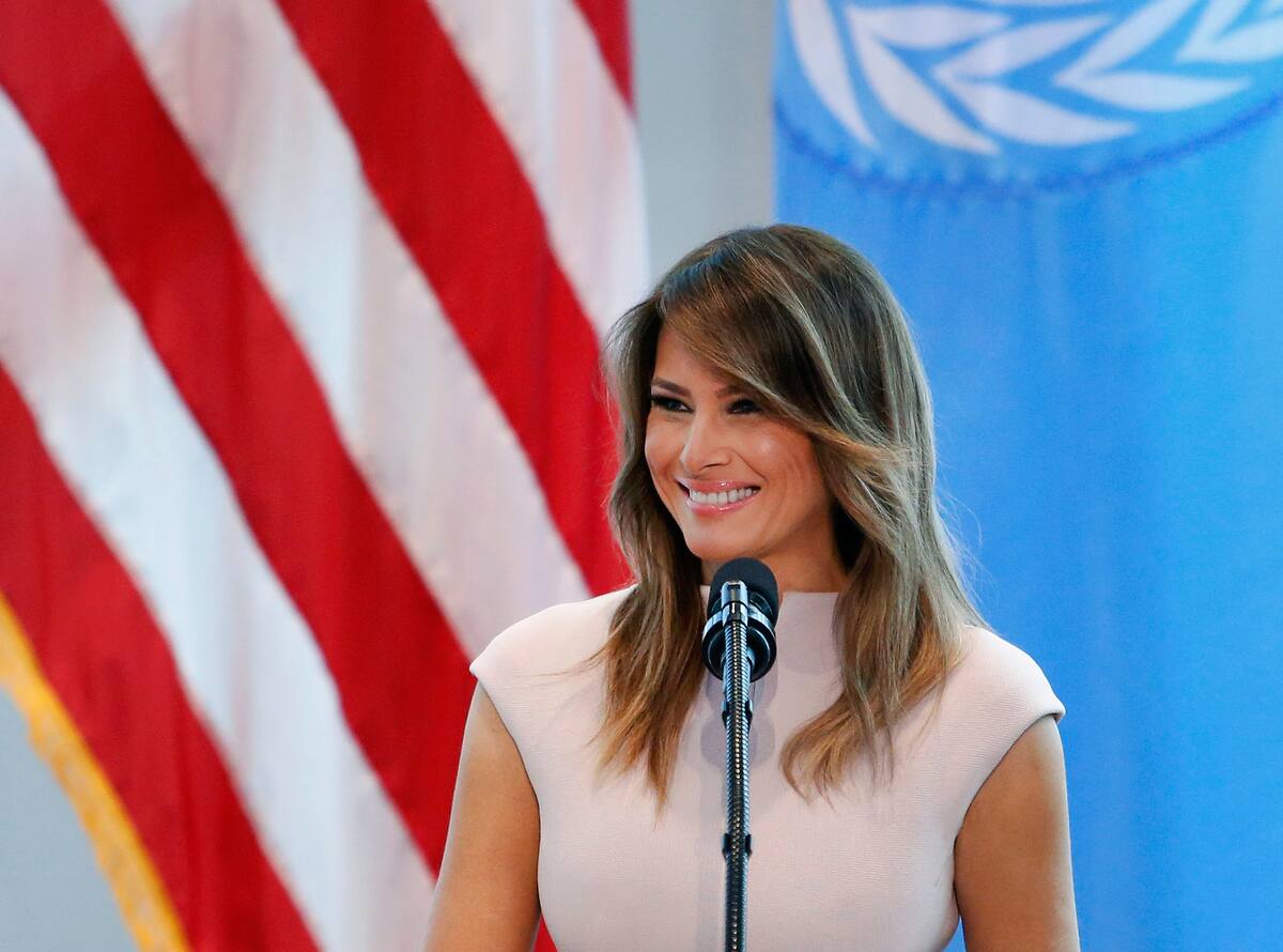 First lady Melania Trump speaks during a reception at the United States mission to the United Nations, Wednesday, Sept. 26, 2018, in New York. (AP Photo/Jason DeCrow)