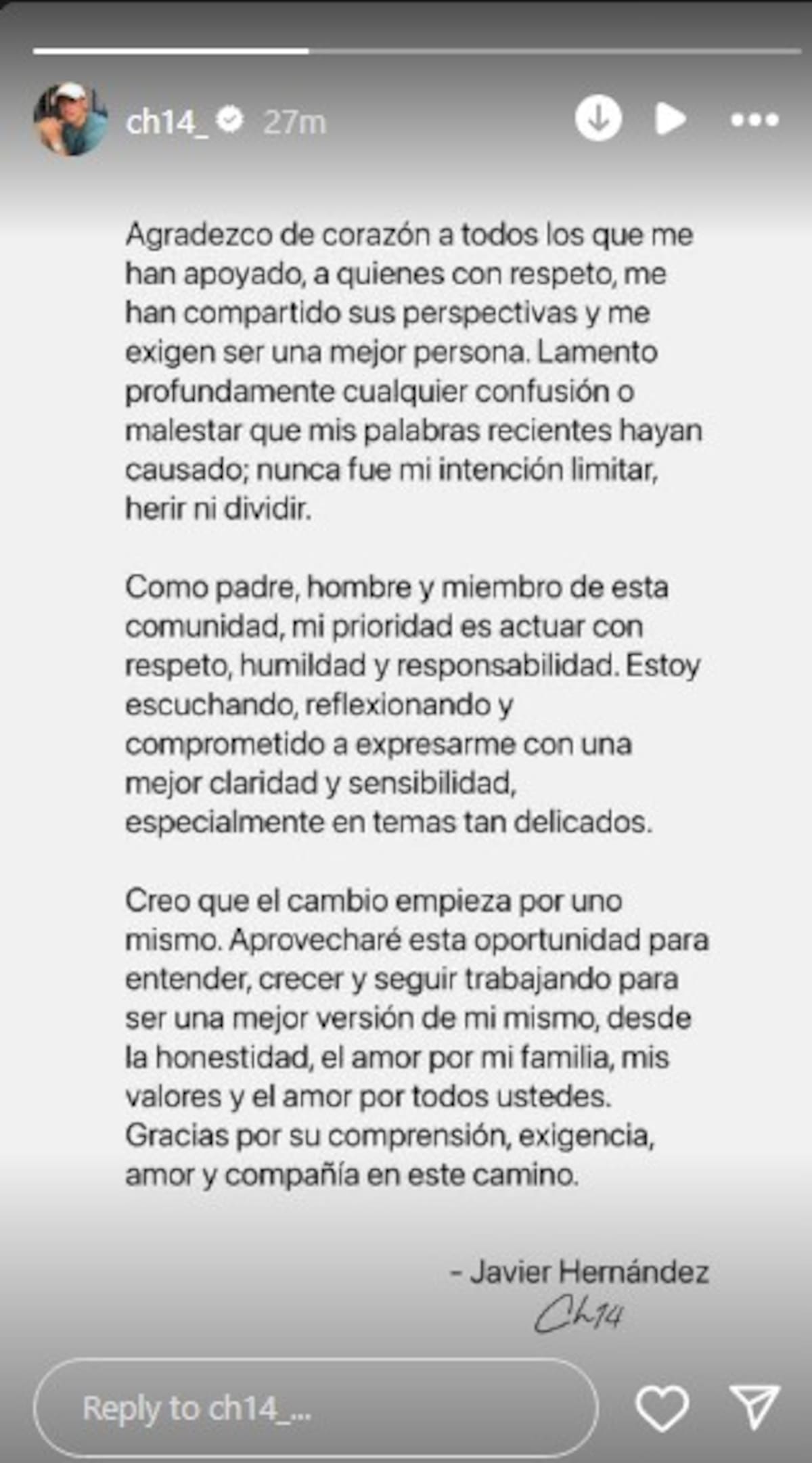 Javier “Chicharito” Hernández” agradece a quienes lo apyan/ Instagram @ch14_
