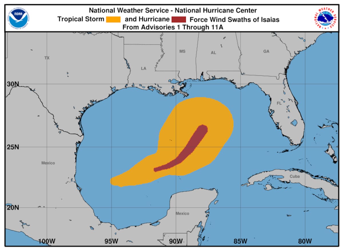 El pronóstico ubica la posible llegada de Isaías en la costa de Alabama o el noroeste de Florida durante este viernes. FOTO: ESPECIAL/NHC